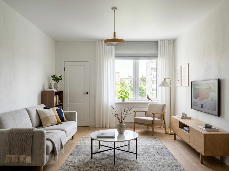 Дизайн гостиной в стиле Сканди — фото интерьера от нейросети RoomGPT