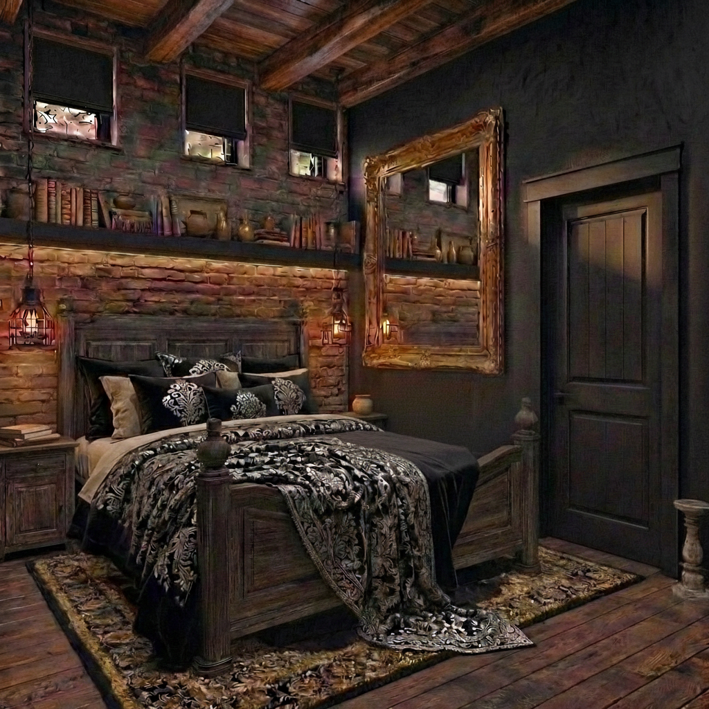 Дизайн спальни в стиле Блэктэк — фото интерьера от нейросети RoomGPT