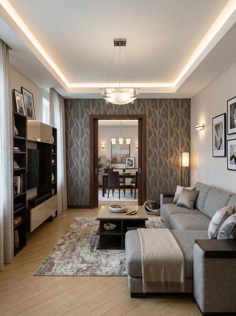 Дизайн интерьера в стиле Контемпорари — Гостиная от нейросети RoomGPT