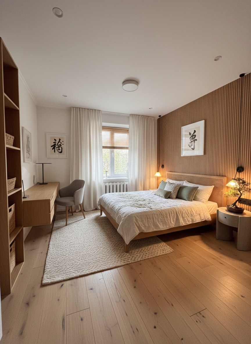 Дизайн спальни в стиле Japandi — фото интерьера от нейросети RoomGPT