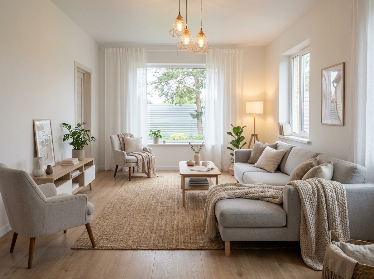 Дизайн гостиной в стиле Хюгге — фото интерьера от нейросети RoomGPT
