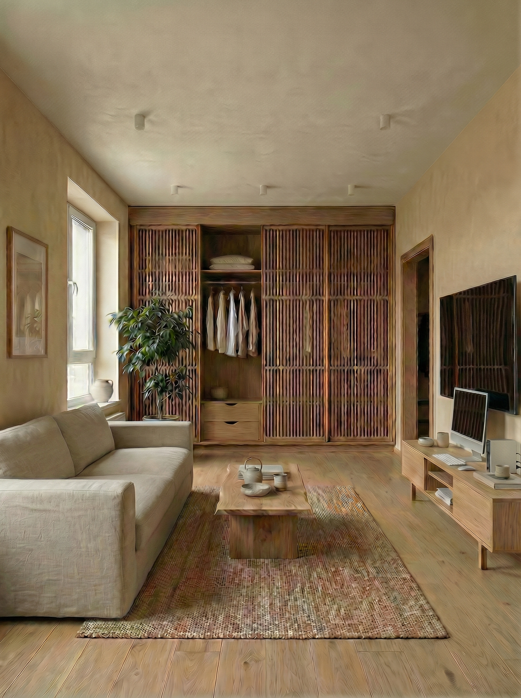 Дизайн гостиной в стиле Japandi — фото интерьера от нейросети RoomGPT