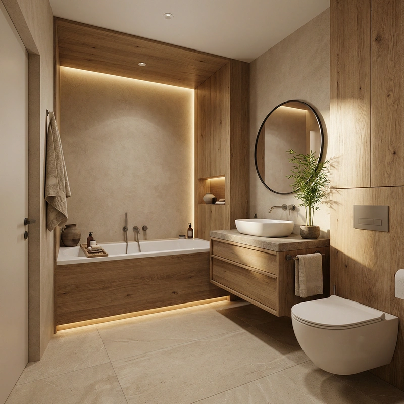 Дизайн ванной в стиле Japandi — фото интерьера от нейросети RoomGPT