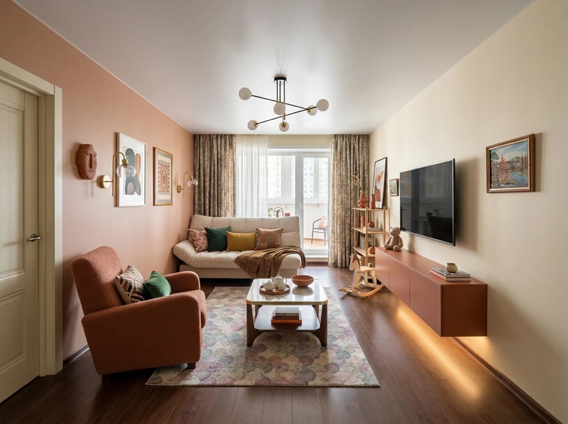 Дизайн гостиной в стиле Эклектика — фото интерьера от нейросети RoomGPT