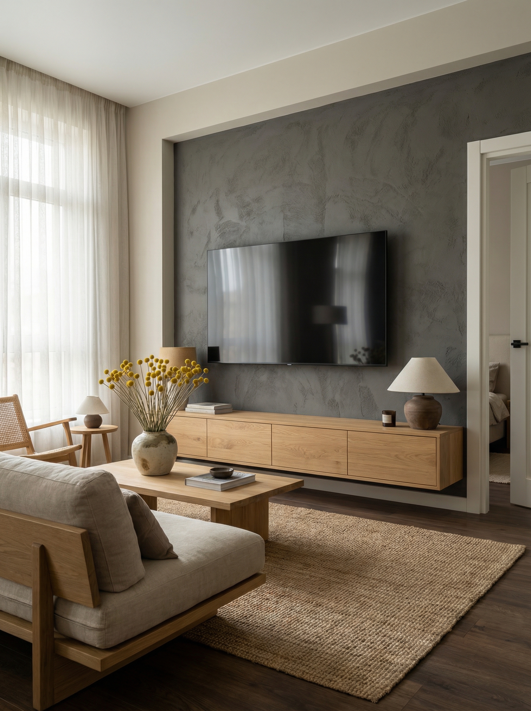 Дизайн гостиной в стиле Japandi — фото интерьера от нейросети RoomGPT