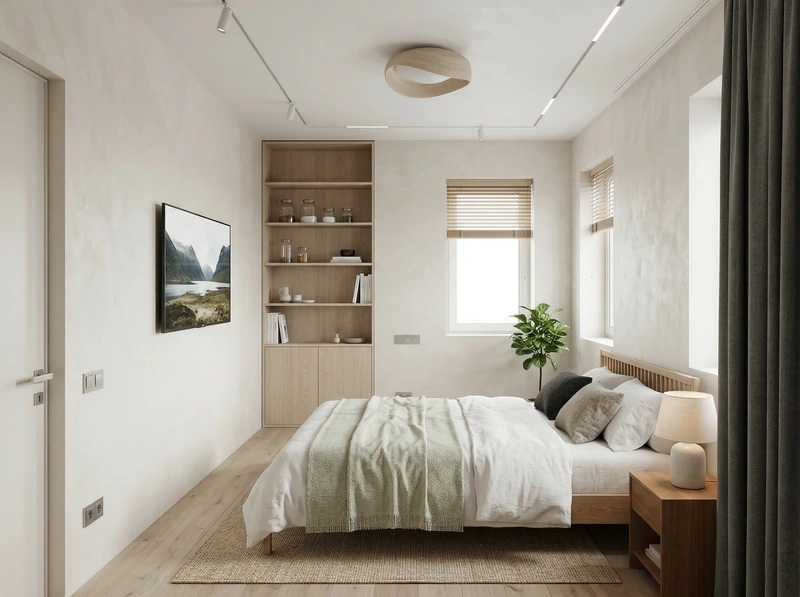 Дизайн спальни в стиле Сканди — фото интерьера от нейросети RoomGPT