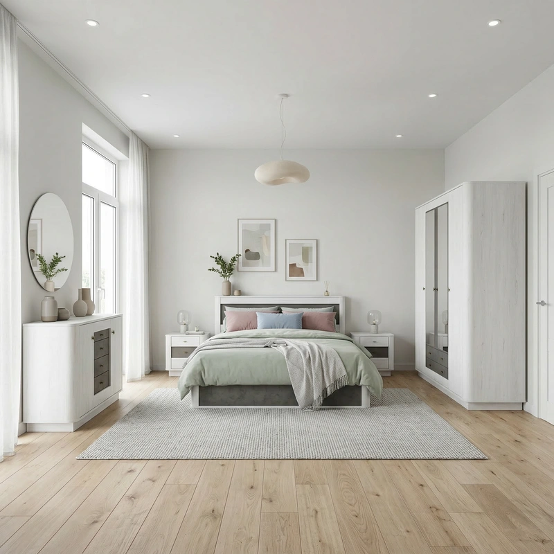 Дизайн спальни в стиле Сканди — фото интерьера от нейросети RoomGPT