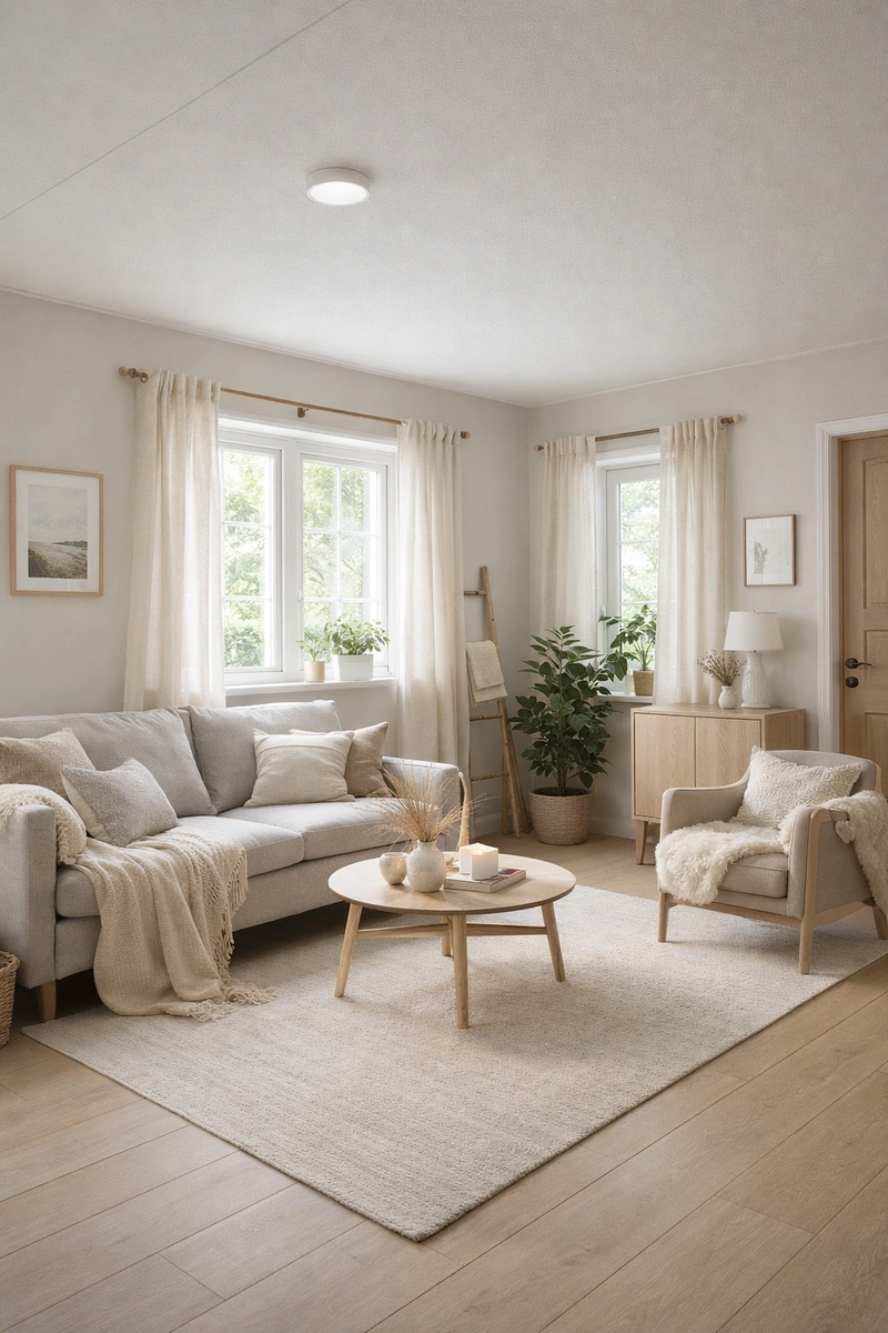 Дизайн гостиной в стиле Хюгге — фото интерьера от нейросети RoomGPT
