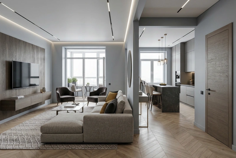 Дизайн интерьера в стиле Контемпорари — Гостиная от нейросети RoomGPT