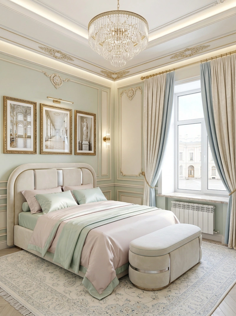 Дизайн спальни в стиле Неоклассика — фото интерьера от нейросети RoomGPT