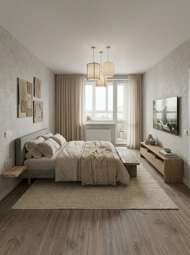 Дизайн спальни в стиле Japandi — фото интерьера от нейросети RoomGPT