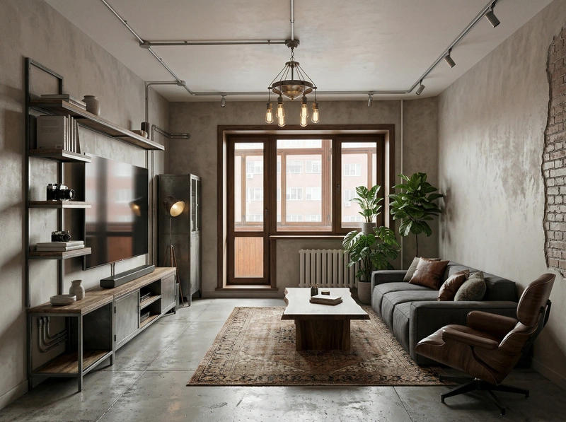 Дизайн гостиной в стиле Лофт — фото интерьера от нейросети RoomGPT