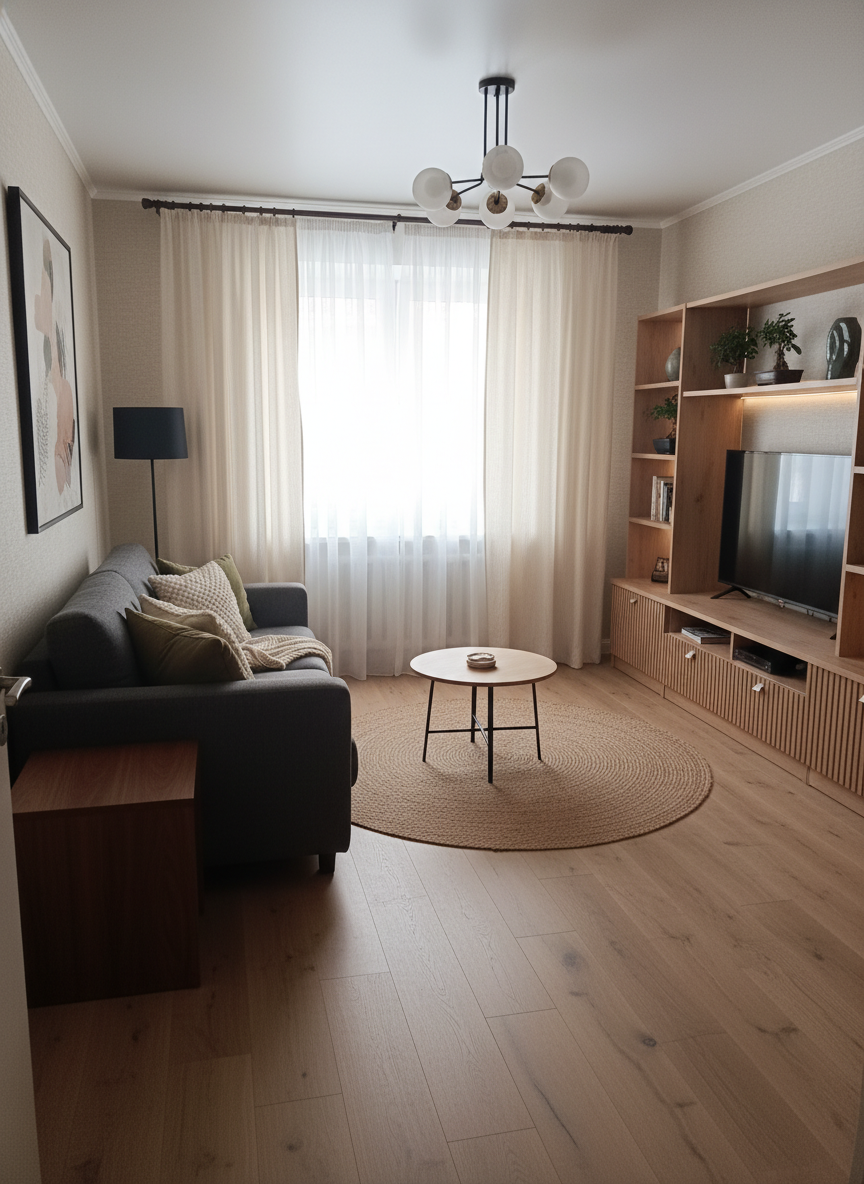 Дизайн гостиной в стиле Japandi — фото интерьера от нейросети RoomGPT