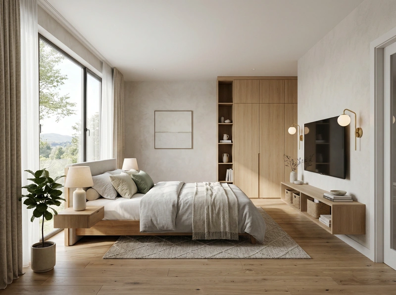 Дизайн спальни в стиле Сканди — фото интерьера от нейросети RoomGPT
