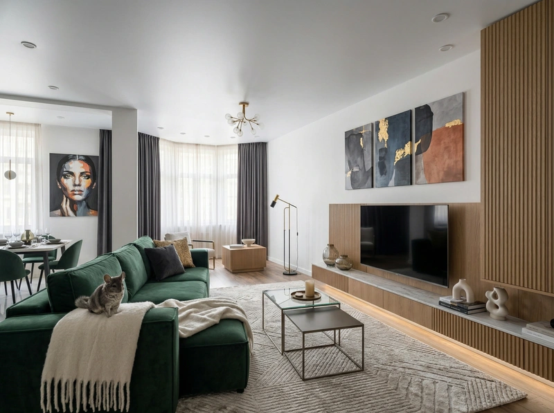 Дизайн гостиной в стиле Контемпорари — фото интерьера от нейросети RoomGPT