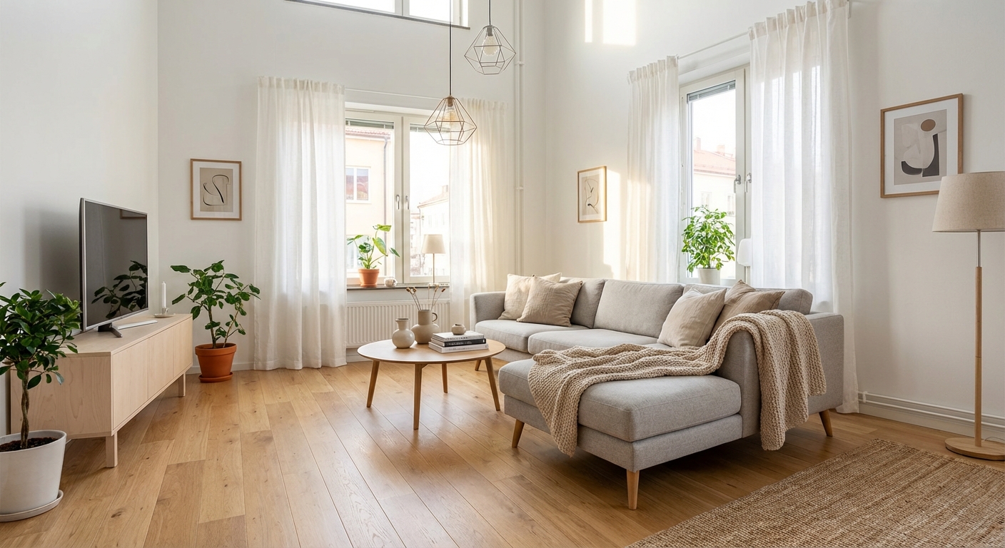 Дизайн гостиной в стиле Хюгге — фото интерьера от нейросети RoomGPT