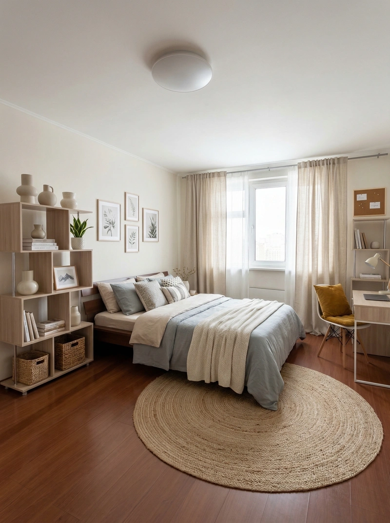 Дизайн спальни в стиле Сканди — фото интерьера от нейросети RoomGPT