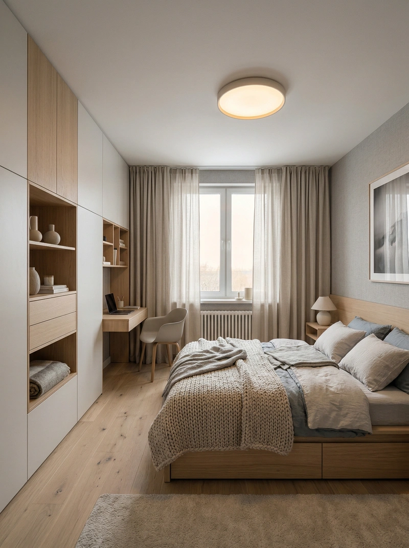 Дизайн спальни в стиле Хюгге — фото интерьера от нейросети RoomGPT