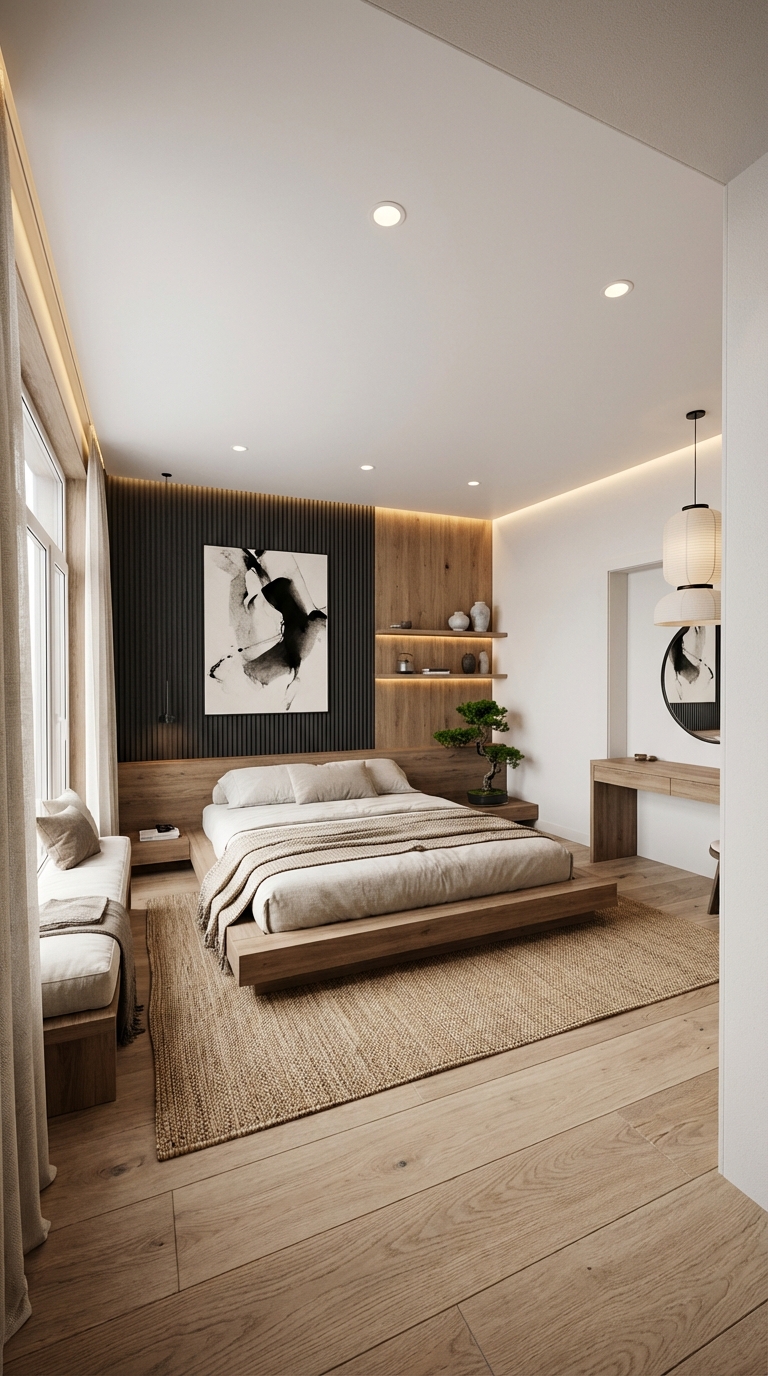 Дизайн спальни в стиле Japandi — фото интерьера от нейросети RoomGPT