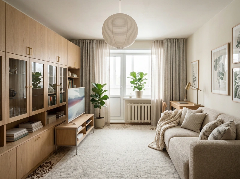 Дизайн гостиной в стиле Хюгге — фото интерьера от нейросети RoomGPT