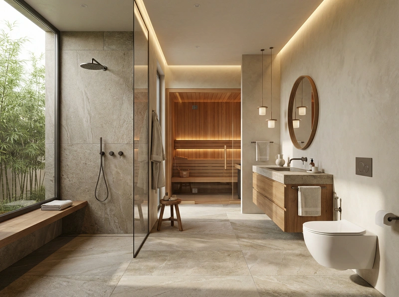 Дизайн ванной в стиле Japandi — фото интерьера от нейросети RoomGPT