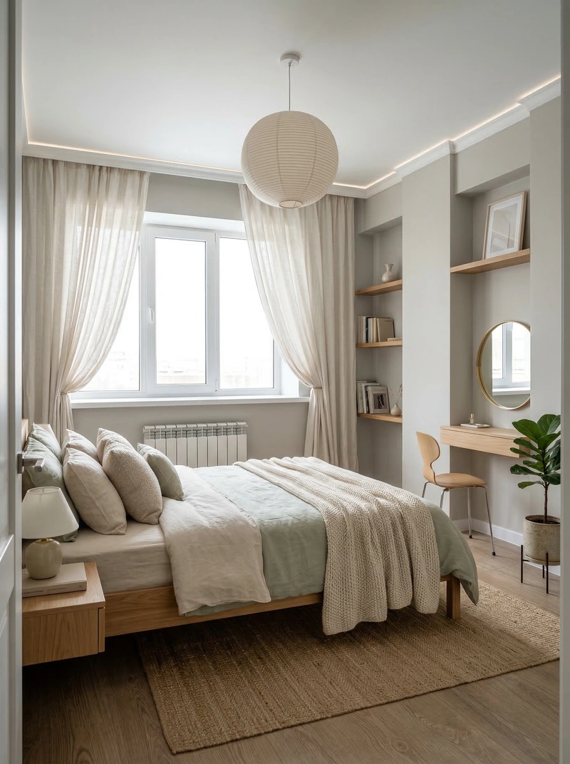 Дизайн спальни в стиле Сканди — фото интерьера от нейросети RoomGPT