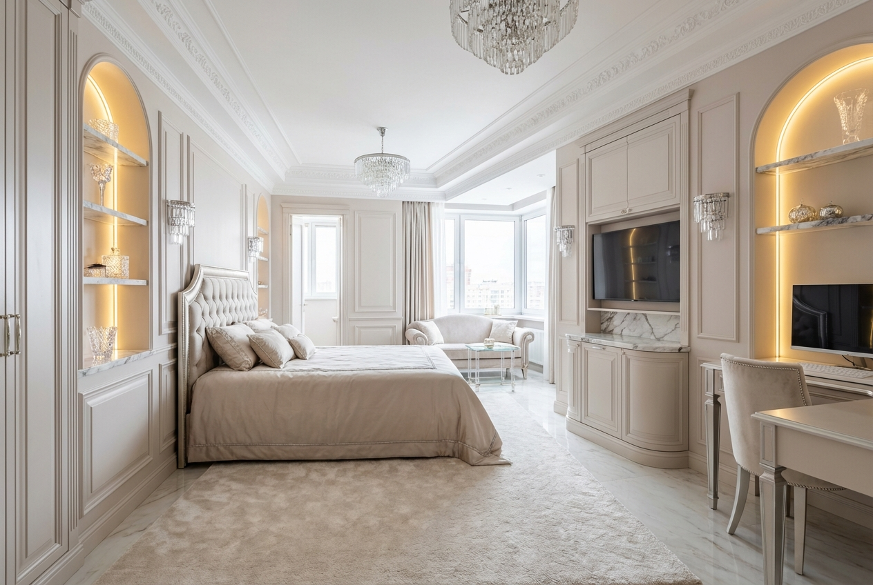 Дизайн спальни в стиле Классика — фото интерьера от нейросети RoomGPT