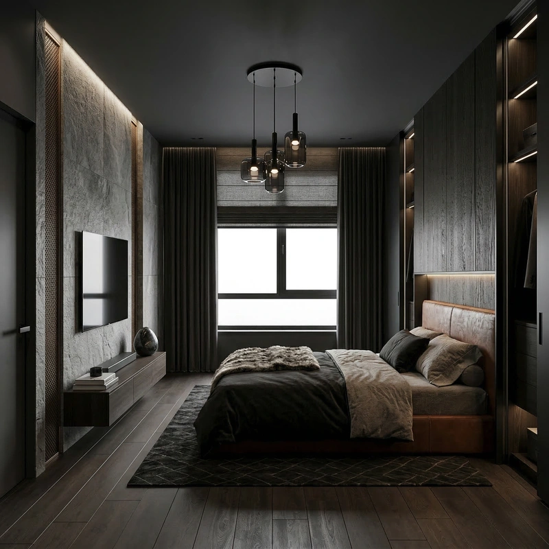 Дизайн спальни в стиле Блэктэк — фото интерьера от нейросети RoomGPT
