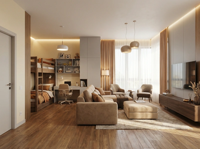 Дизайн интерьера в стиле Контемпорари — Гостиная от нейросети RoomGPT