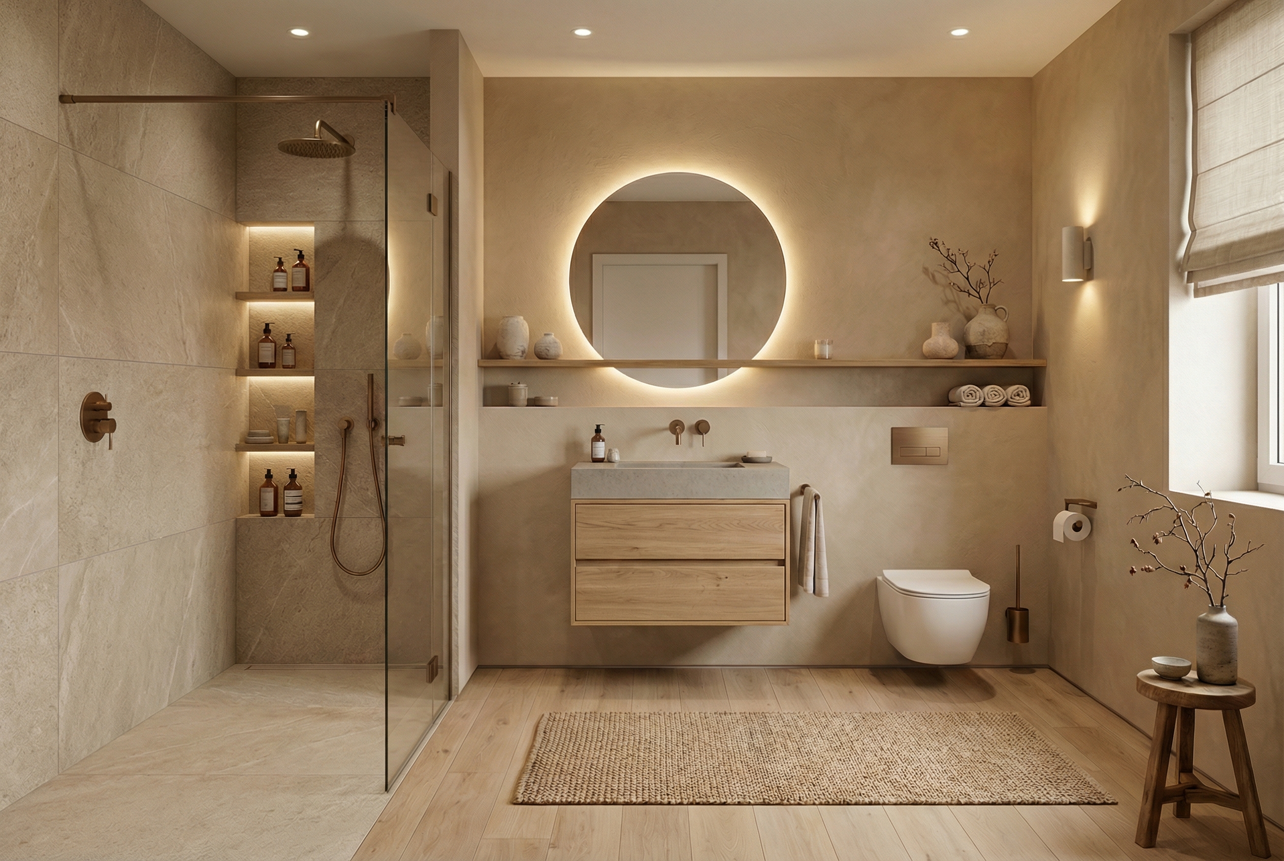 Дизайн ванной в стиле Japandi — фото интерьера от нейросети RoomGPT