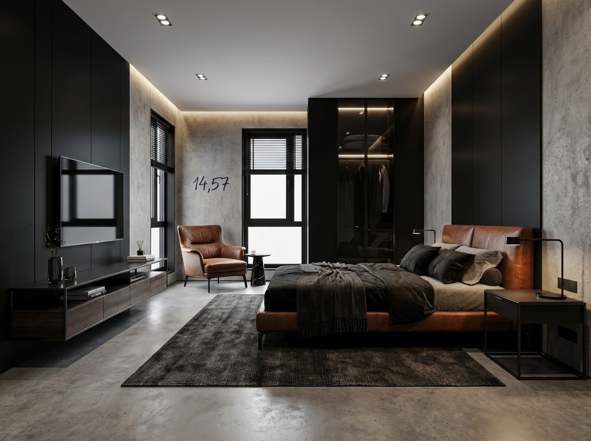 Дизайн спальни в стиле Блэктэк — фото интерьера от нейросети RoomGPT