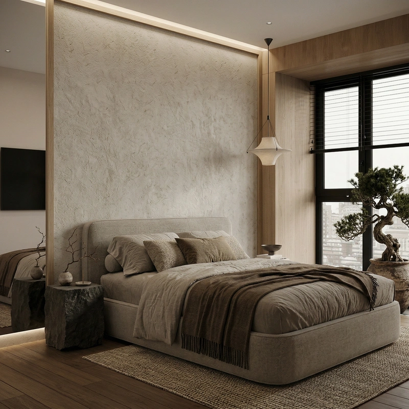 Дизайн спальни в стиле Japandi — фото интерьера от нейросети RoomGPT