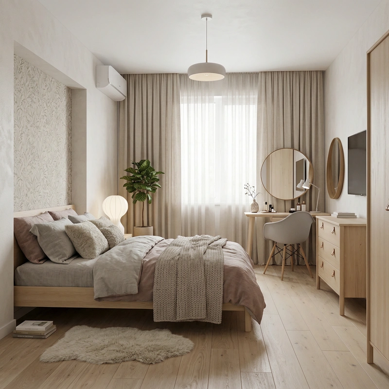 Дизайн спальни в стиле Хюгге — фото интерьера от нейросети RoomGPT