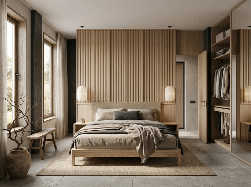 Дизайн спальни в стиле Japandi — фото интерьера от нейросети RoomGPT