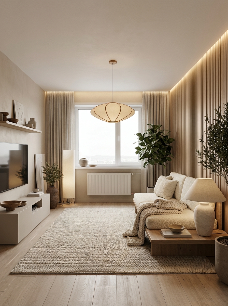 Дизайн гостиной в стиле Japandi — фото интерьера от нейросети RoomGPT