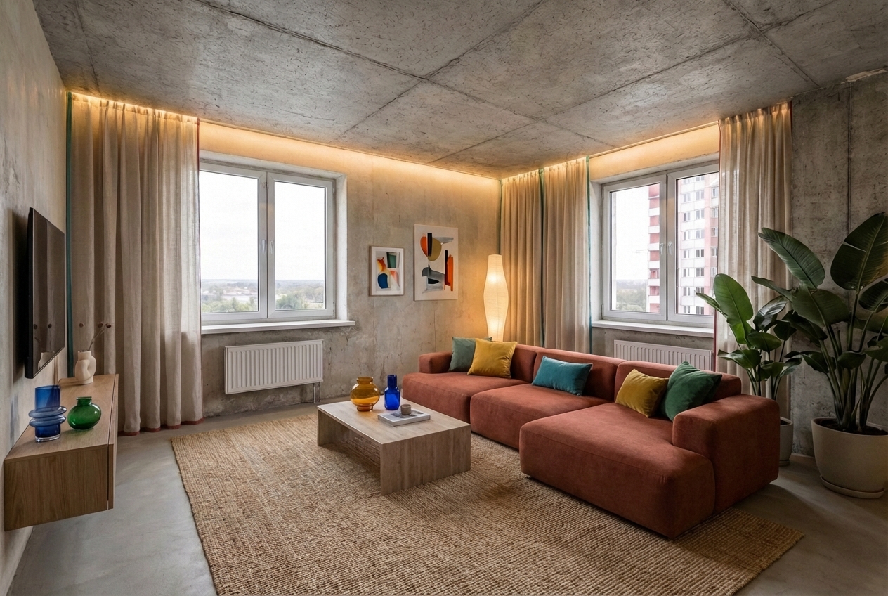 Дизайн гостиной в стиле Лофт — фото интерьера от нейросети RoomGPT