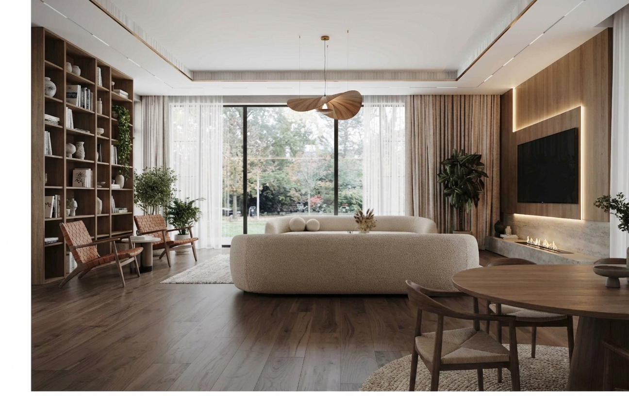 Дизайн гостиной в стиле Japandi — фото интерьера от нейросети RoomGPT