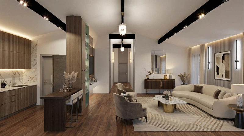 Дизайн интерьера в стиле Контемпорари — Гостиная от нейросети RoomGPT