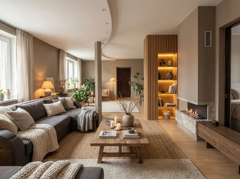 Дизайн гостиной в стиле Хюгге — фото интерьера от нейросети RoomGPT