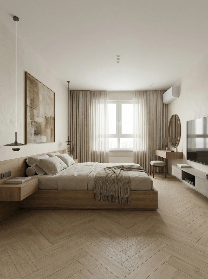 Дизайн спальни в стиле Japandi — фото интерьера от нейросети RoomGPT