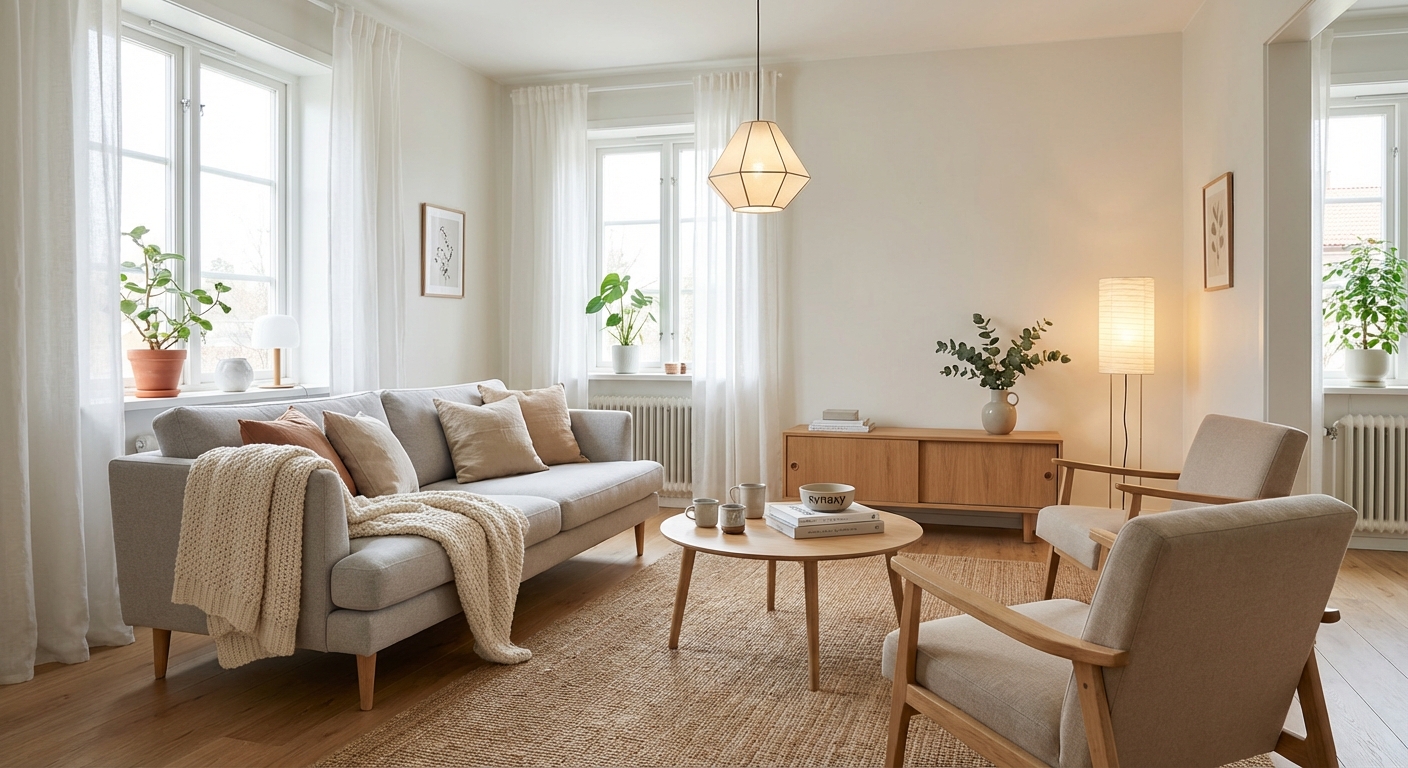 Дизайн гостиной в стиле Хюгге — фото интерьера от нейросети RoomGPT