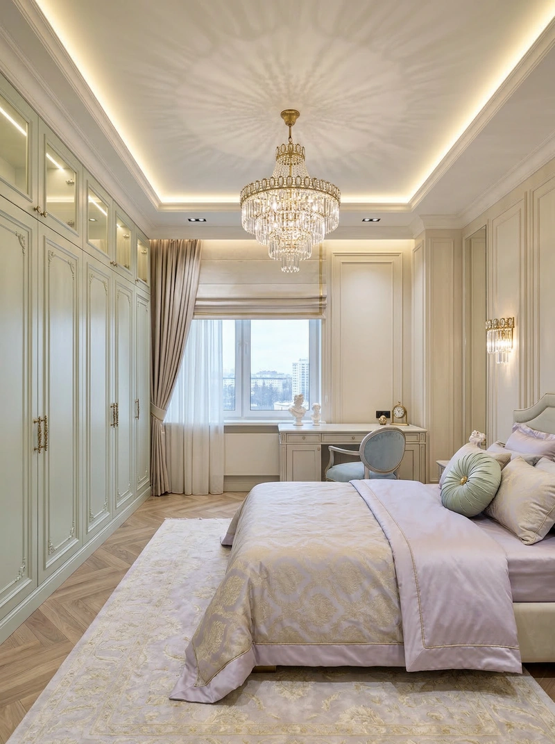 Дизайн спальни в стиле Неоклассика — фото интерьера от нейросети RoomGPT