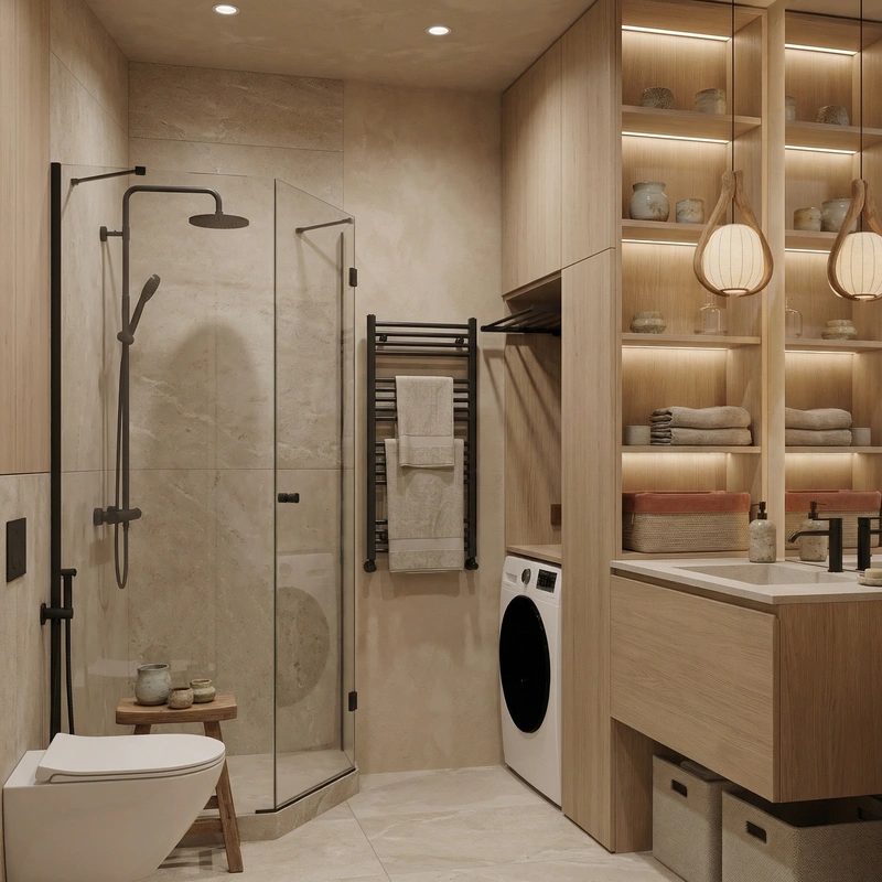 Дизайн ванной в стиле Japandi — фото интерьера от нейросети RoomGPT