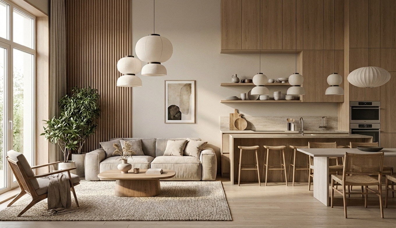 Дизайн гостиной в стиле Japandi — фото интерьера от нейросети RoomGPT