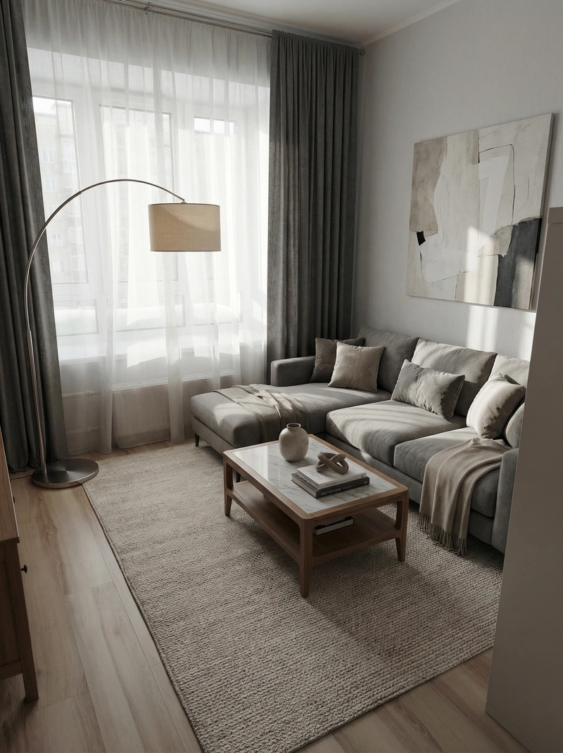 Дизайн интерьера в стиле Контемпорари — Гостиная от нейросети RoomGPT