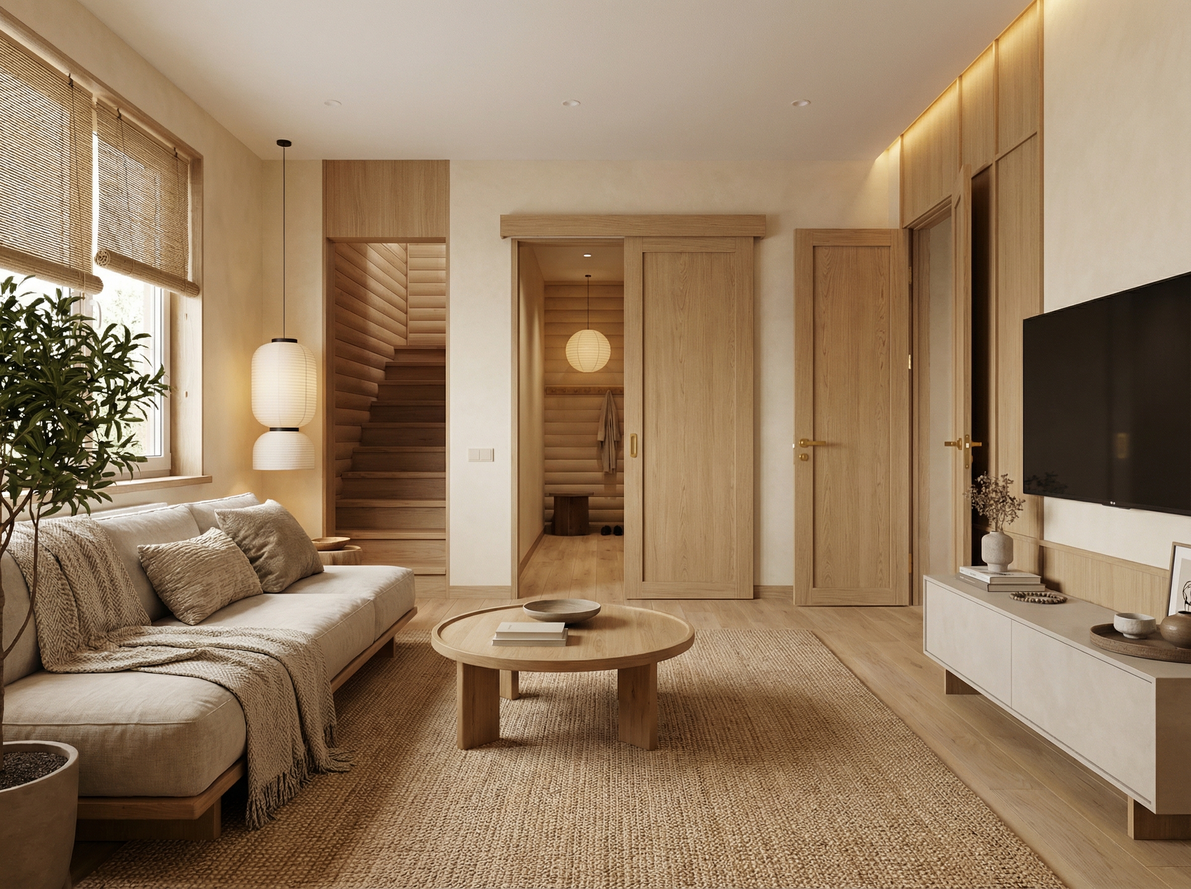 Дизайн гостиной в стиле Japandi — фото интерьера от нейросети RoomGPT