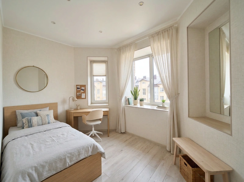 Дизайн спальни в стиле Сканди — фото интерьера от нейросети RoomGPT