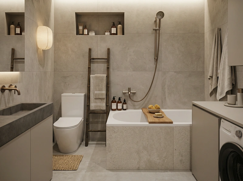 Дизайн ванной в стиле Japandi — фото интерьера от нейросети RoomGPT