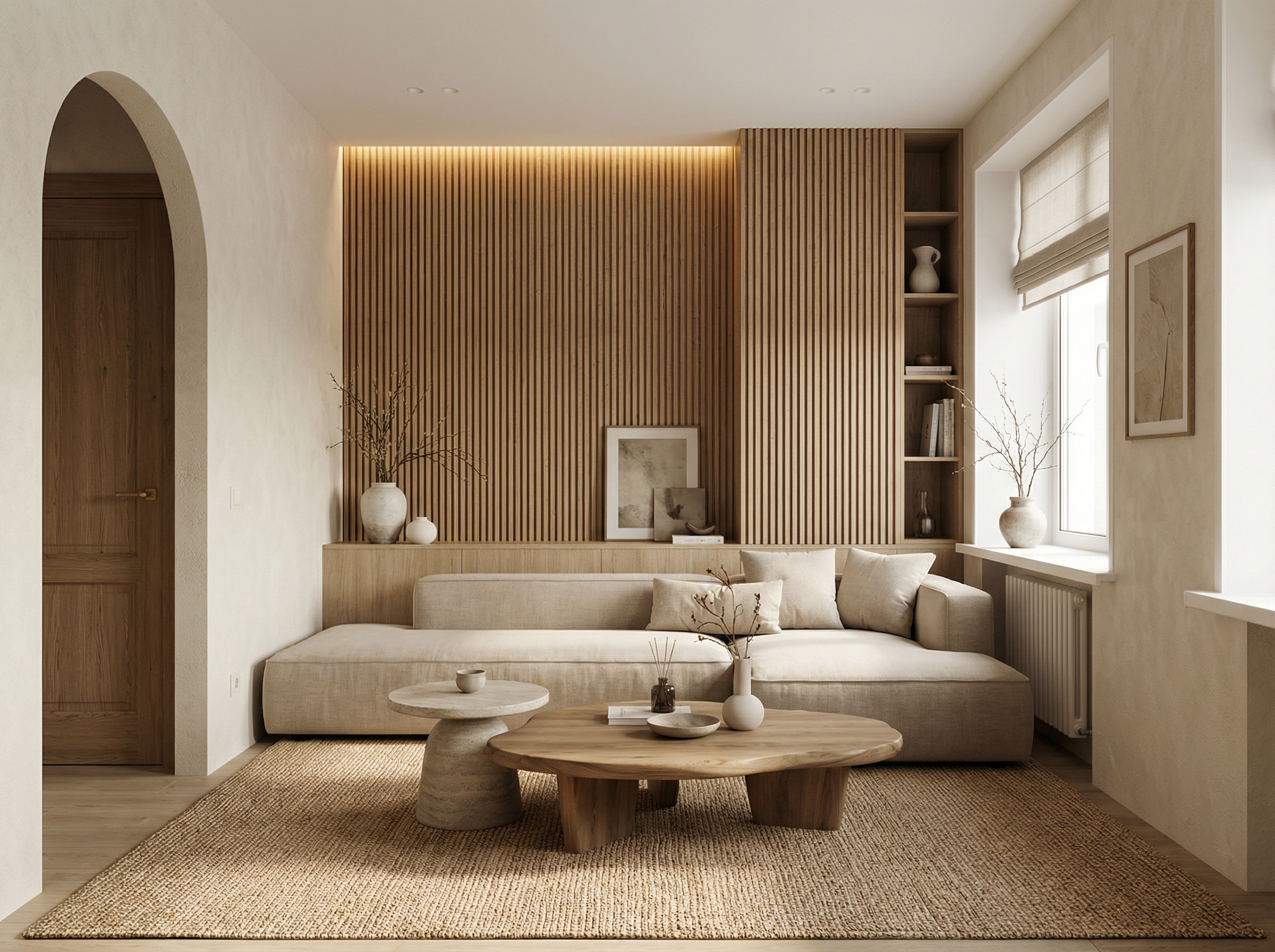 Дизайн гостиной в стиле Japandi — фото интерьера от нейросети RoomGPT