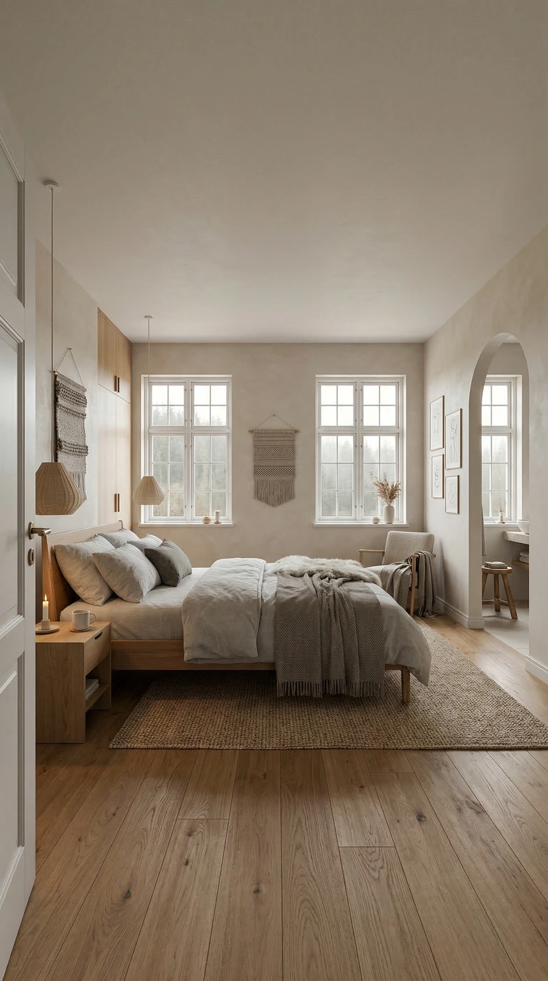 Дизайн спальни в стиле Хюгге — фото интерьера от нейросети RoomGPT